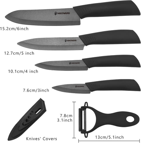 Image of 5-Piece Chef Ceramic Knife Set (4 Ceramic Knives 4 Blade Guard and 1 Peeler), Never Rust Never Oxidize Food Stain Proof