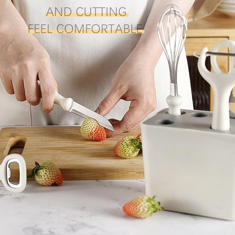Image of 6-Pieces Kitchen Pre-Cooking Tool Set Including Storage Case, Scissors, Bottle Opener, Fruit Peeler, Fuit Knife, Ballon Whisk, Space Saving Kitchen Gadget Set with Holder, Housewarming Gift