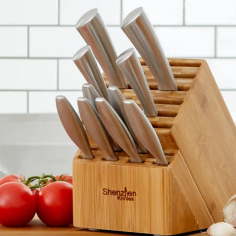 Image of 20 Slot Universal Knife Block:  X-Large Bamboo Wood Knife Block without Knives - Countertop Butcher Block Knife Holder and Organizer with Wide Slots for Easy Kitchen Knife Storage