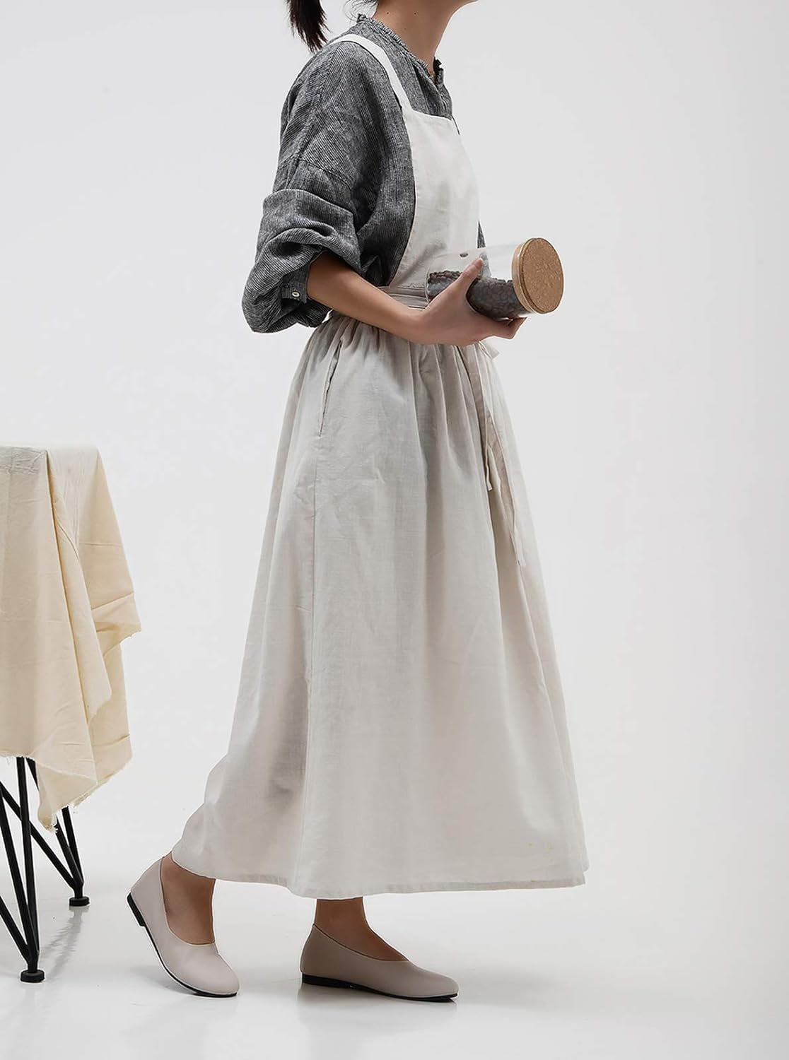 Pleated Cotton Long Apron X Back Kitchen Garden Florist Work Clothes Bib Dress