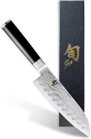 Image of Classic 7” Hollow-Ground Santoku All-Purpose Kitchen Knife; VG-MAX Blade Steel and Ebony Pakkawood Handle; Hollow-Ground Indentations for Reduced Friction and Smoother Cuts; Handcrafted in Japan