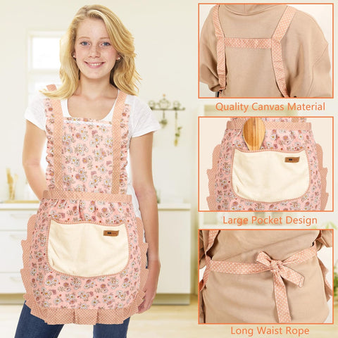 Image of 2Pcs Women Aprons with Pockets, Floral Apron Big Pocket Baking Mothers Day Gift Soft Chef Aprons for Kitchen Cooking Baking