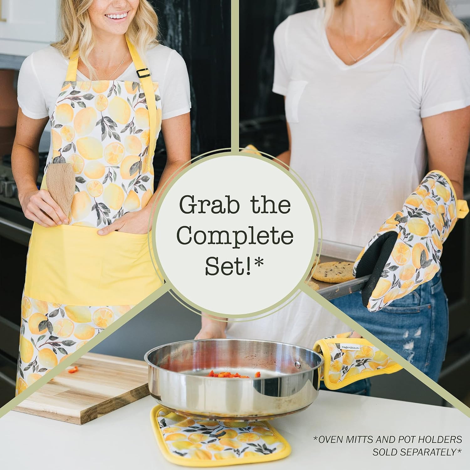 Adjustable Designer Kitchen Apron for Adults | 100% Machine Washable Cotton Cooking Apron with Pockets and Adjustable Neck Buckle | 27" Wide X 33" Long | Yellow Lemons