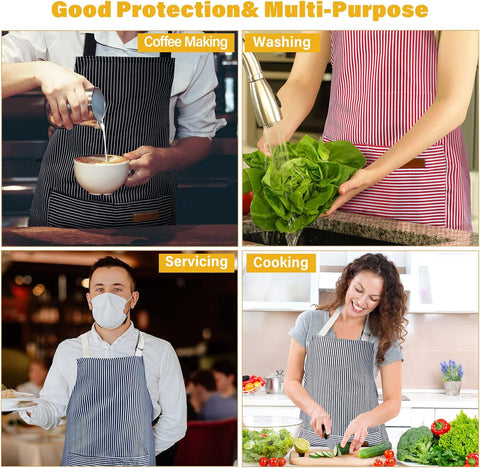 Image of Cooking Apron with Pockets Waterproof Baking Apron Soft Chef Kitchen Aprons Cotton Polyester Blend Adjustable Bib Aprons for Women Men, Crafting BBQ, Black, Blue, Pink, Grey Stripes(4 Pcs)