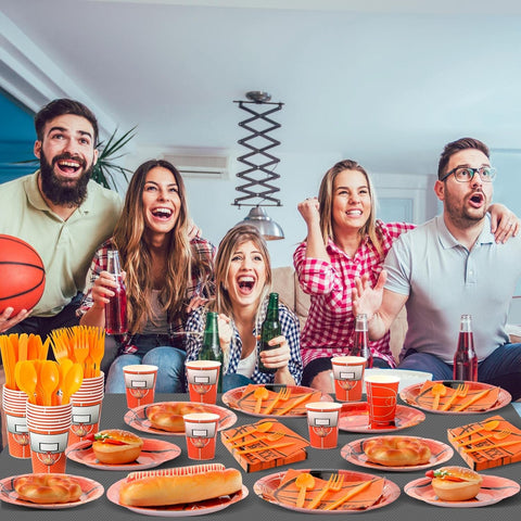 Image of 350 Pcs Sports Party Supplies Set Include 100 Paper Plates 50 Cups 50 Napkins 50 Forks 50 Plastic Spoons 50 Knives Serves 50 for Kids Party Birthday Decorations (Basketball)