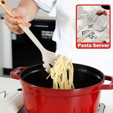 Image of Kitchen Utensils Set, Large Non-Stick Silicone Cooking Utensils Set 6 Pcs, Wooden Handle Heat Resistance Silicone Spatula Soup Ladle Pasta Server Kitchen Gadgets Utensils Set BPA Free (Khaki)