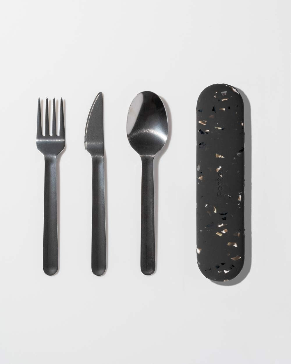 Porter Stainless Steel Utensils with Silicone Carrying Case | Terrazzo Charcoal | Spoon, Fork & Knife for Meals on the Go | Portable and Compact Set