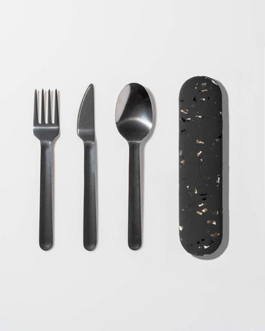 Image of Porter Stainless Steel Utensils with Silicone Carrying Case | Terrazzo Charcoal | Spoon, Fork & Knife for Meals on the Go | Portable and Compact Set