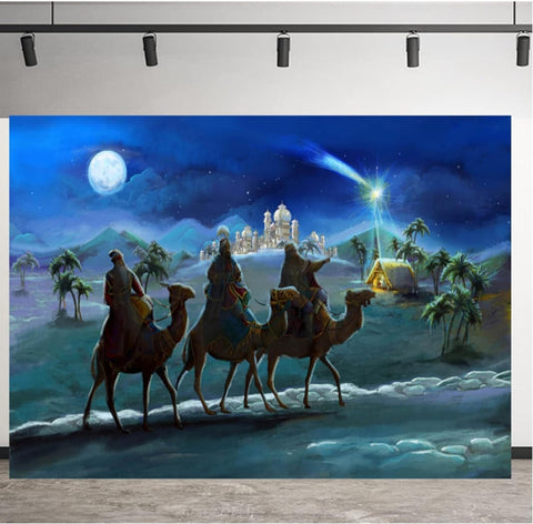 Image of Photography Background Christmas Night Nativity Manger Nativity Scene Desert Manger Background Shepherds Kings Sheep Photography Backdrops Photostudio 7×5 Feet