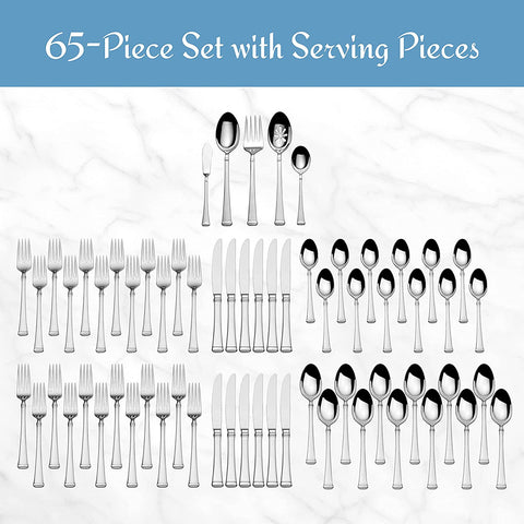 Image of 5060761 Harmony 65-Piece 18/10 Stainless Steel Flatware Set with Utensil-Serving Set, Silver
