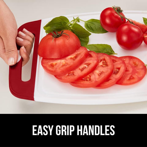 Image of The Original  Oversized 100% BPA Free Reversible Durable Kitchen Cutting Board Set of 3, Dishwasher Safe, Nonslip Handle Border Plastic Boards, Juice Grooves, Chopping Food, Cooking, Red