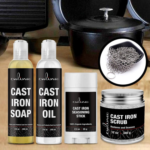 Image of Culina Cast Iron Seasoning Stick & Soap & Oil Conditioner & Restoring Scrub & Stainless Scrubber | All Natural Ingredients | Best for Cleaning, Non-stick Cooking & Restoring | Cast Iron Cookware - LivanaNatural