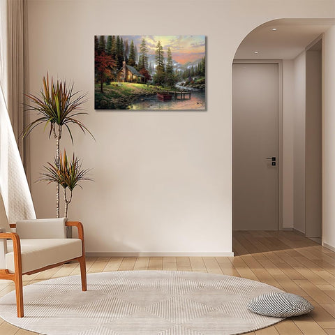 Image of Landscape Oil Painting Kinkade Wall Art Country Pastoral Pictures in Frame with Lake Mountain Wall Decor Cityscape Canvas Poster for Living Room Bedroom Decor (24X36In Frame,Tms-1)