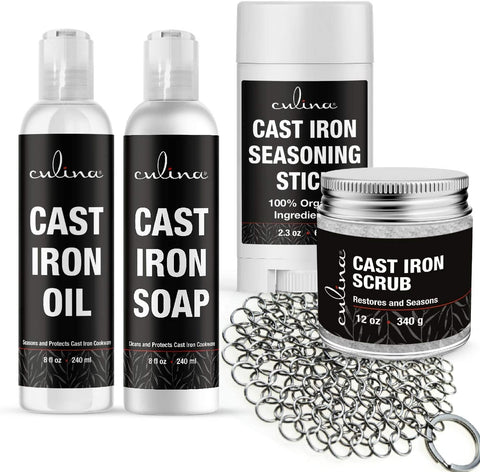Image of Culina Cast Iron Seasoning Stick & Soap & Oil Conditioner & Restoring Scrub & Stainless Scrubber | All Natural Ingredients | Best for Cleaning, Non-stick Cooking & Restoring | Cast Iron Cookware - LivanaNatural