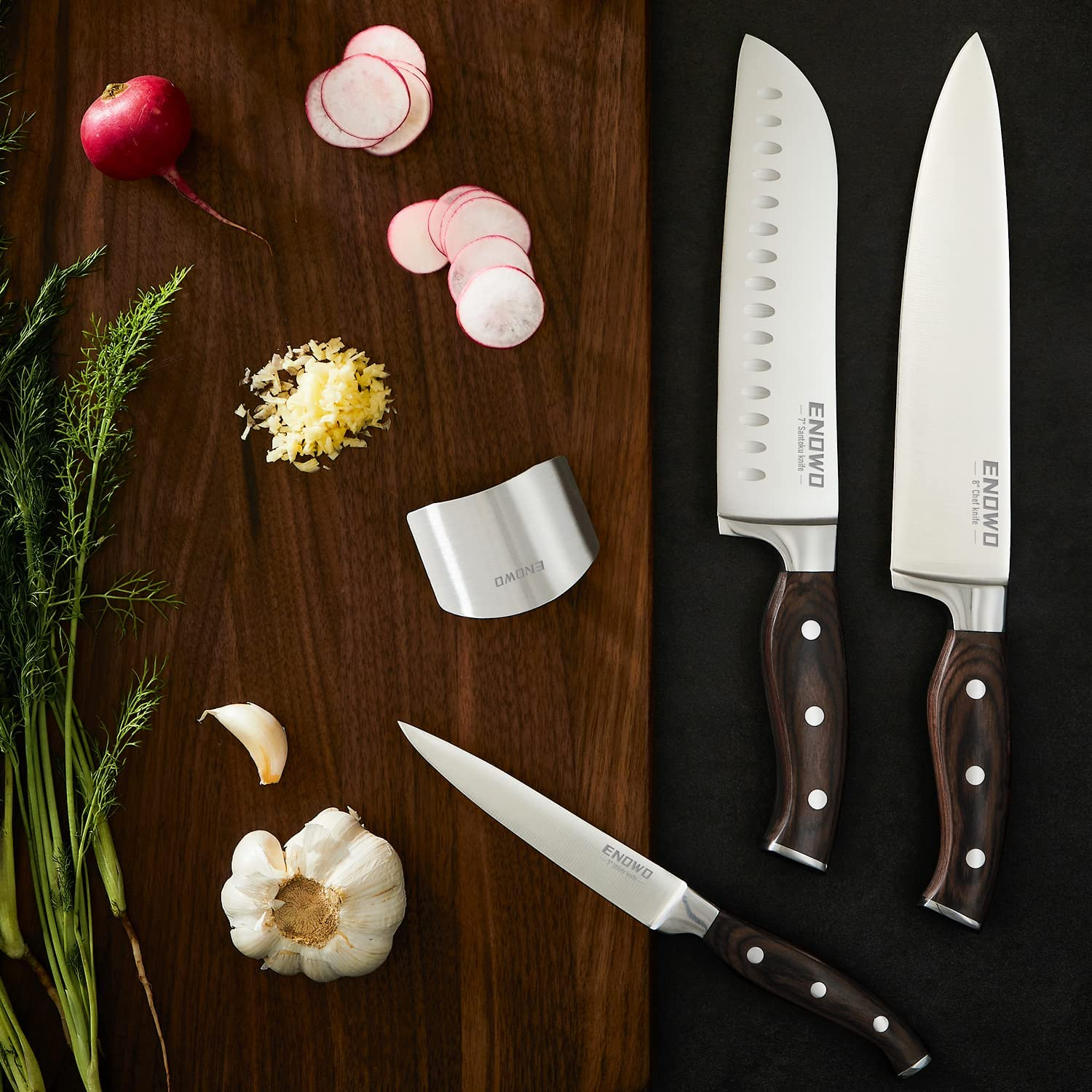 Enowo Chef Knife Ultra Sharp Kitchen Knife Set 3Pcs ,Premium German Stainless Steel Knife Cutlery Set with Finger Guard Clad Dimple,Ergonomic Color Wood Handle and Christmas Gifts Box