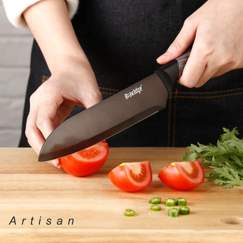 Image of Bravedge Chef Knife 7'' Kitchen Knife, Professional Santoku Knife Cooking Knife, Ultra Sharp Stainless Steel Blade with Sheath, Ergonomic Handle Elegant Gift Box Great Gift Choice