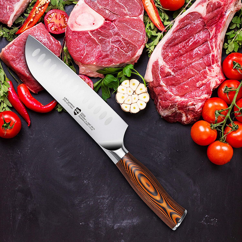 Image of TUO Santoku Knife - Asian Granton Chef Knife - Hollow Ground High Carbon German Steel Kitchen Cutlery - Ergonomic Pakkawood Handle - Gift Box Included - 7 Inch - Fiery Phoenix Series