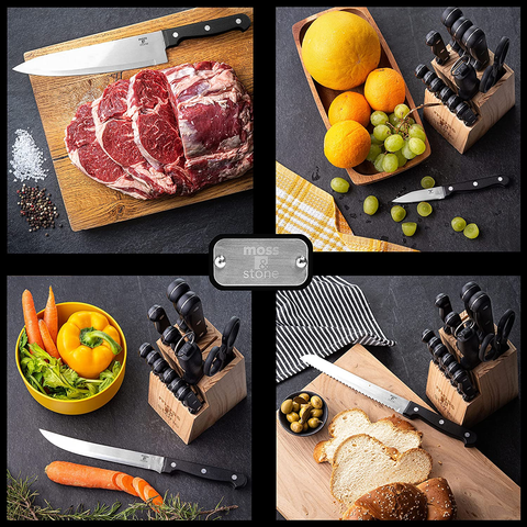 Image of Stainless Steel Serrated Knife Set | Kitchen Knives Set with High-Carbon Stainless Steel Blades and Wooden Block Set | Cutlery Knife Set , Kitchen Set by Moss & Stone. (14 Piece)