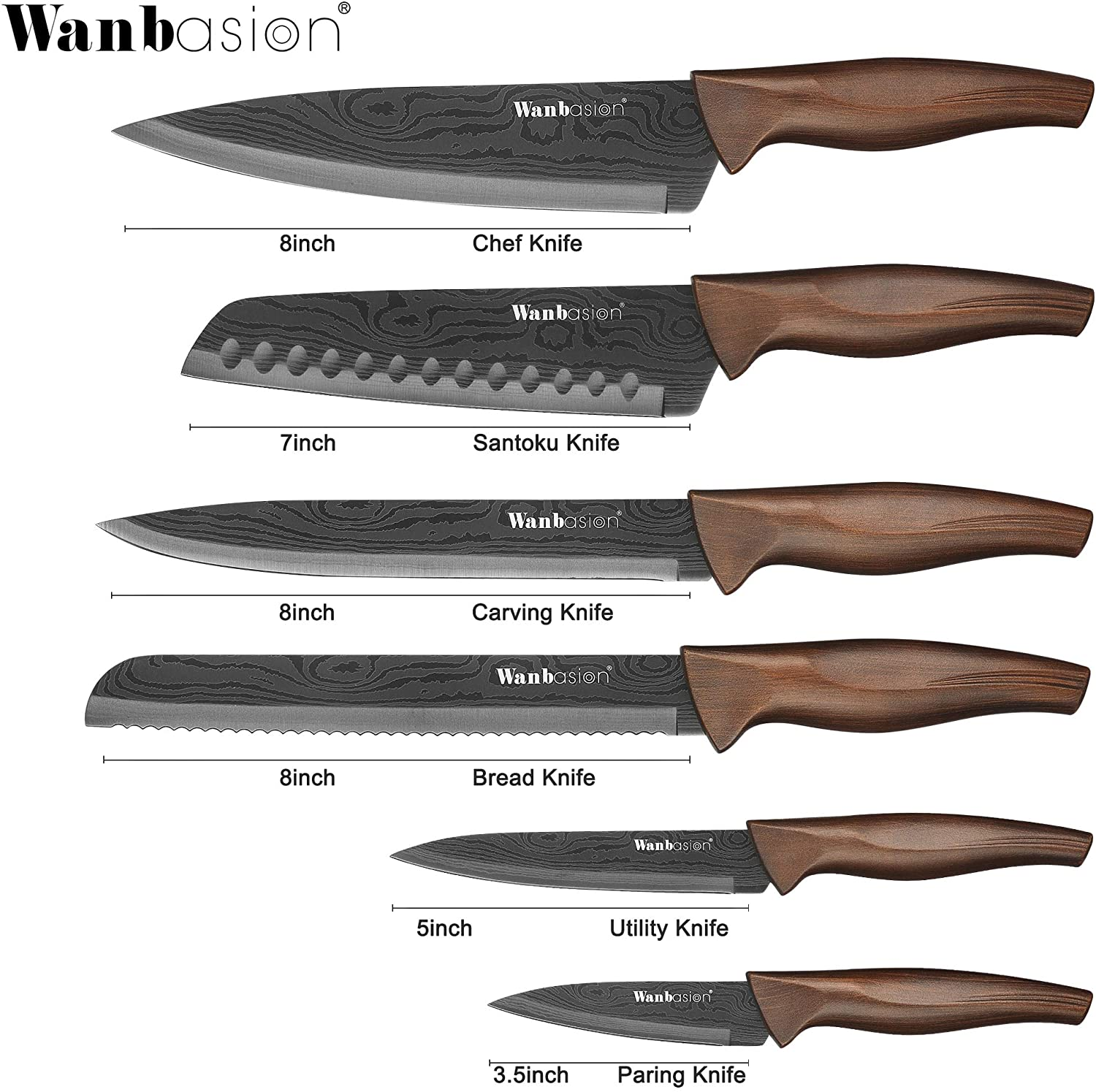 Matte Black Titanium Plated Stainless Steel Kitchen Knife Set, Chef Kitchen Knife Set Professional, Dishwasher Safe Kitchen Knife Set with Damascus Style