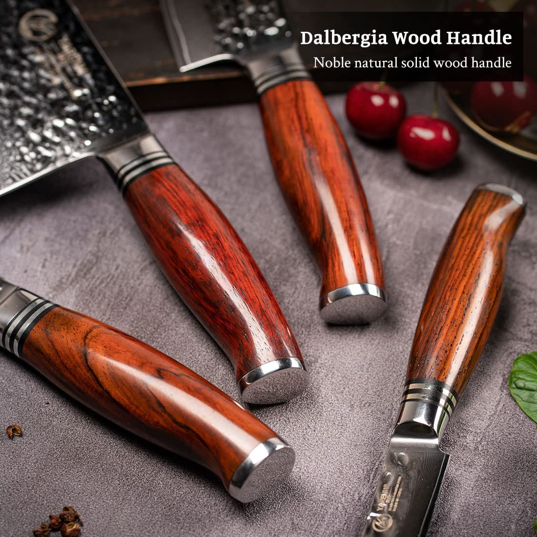 YARENH Damascus Kitchen Knife Set with Cleaver 4 Pcs - 73 Layers Japanese High Carbon Stainless Steel - Full Tang Natural Dalbergia Wood Handle - Professional Chef Knife Set