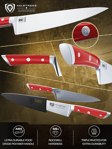 Image of DALSTRONG Chef Knife - 8 Inch - Gladiator Series - Forged High Carbon German Steel - Razor Sharp Kitchen Knife - Full Tang - Crimson Red ABS Handle - Sheath Included - NSF Certified