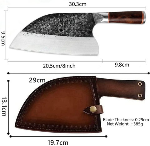Image of Handmade Forged Serbian Meat Cleaver Knife with Sheath Chef'S Knvies Full Tang Butcher Knife Outdoor Meat Vegetable Cleaver for Family, BBQ or Camping (Silver)