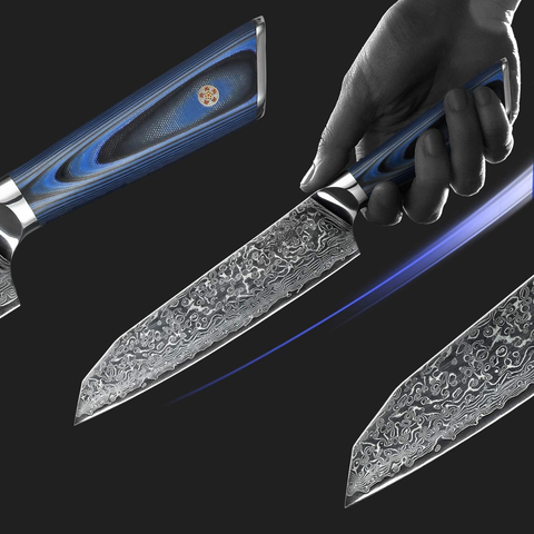 Image of Kitchen Damascus Knife Set- 9 Pcs Japanese Aus-10 Damascus Steel Chef Knives Set High Carbon Core Stainless Steel Full Tang Chef Knife Set Blue G10 Home Kitchen Professional Knife Block Set