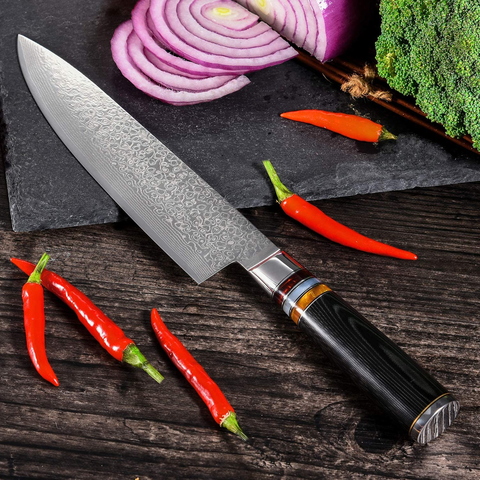 Image of YAIBA Chef Knife 8 Inch Damascus Japanese Knife VG10 Stainless Steel, Razor Sharp Kitchen Cooking Knife with Ergonomic Handle- Sheath & Gift Box, Superb Edge Retention, Stain & Corrosion Resistant