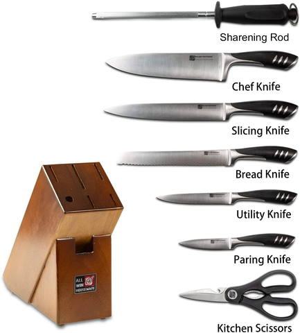 Image of Premium 8-Piece German High Carbon Stainless Steel Kitchen Knives Set with Rubber Wood Block, Professional Double Forged Full Tang Chef Knife Set