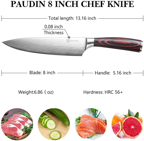 Image of Chef Knife PAUDIN N1 8 Inch Kitchen Knife, German High Carbon Stainless Steel Sharp Knife, Professional Meat Knife with Ergonomic Handle and Gift Box for Family & Restaurant