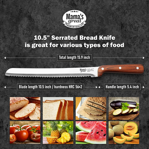 Image of Serrated Bread Knife for Homemade Bread. Long 10.5 Inch Ultra Sharp Blade for Effortless Cuts of Thick Loaves. Professional Bread Cutter for Crusty Sourdough Bread. Works Well with Bread Slicer Guides