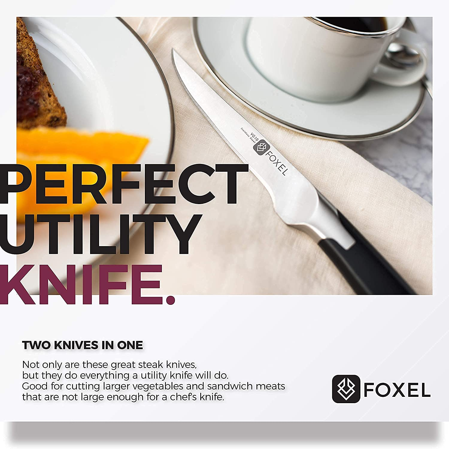 Foxel Best Steak Knives Knife Set of 4, 8, or 12 - Non Serrated Straight Edge Blade Razor Sharp - Rust Resistant Japanese VG10 Steel - Gift Box Set - Hand Wash Only
