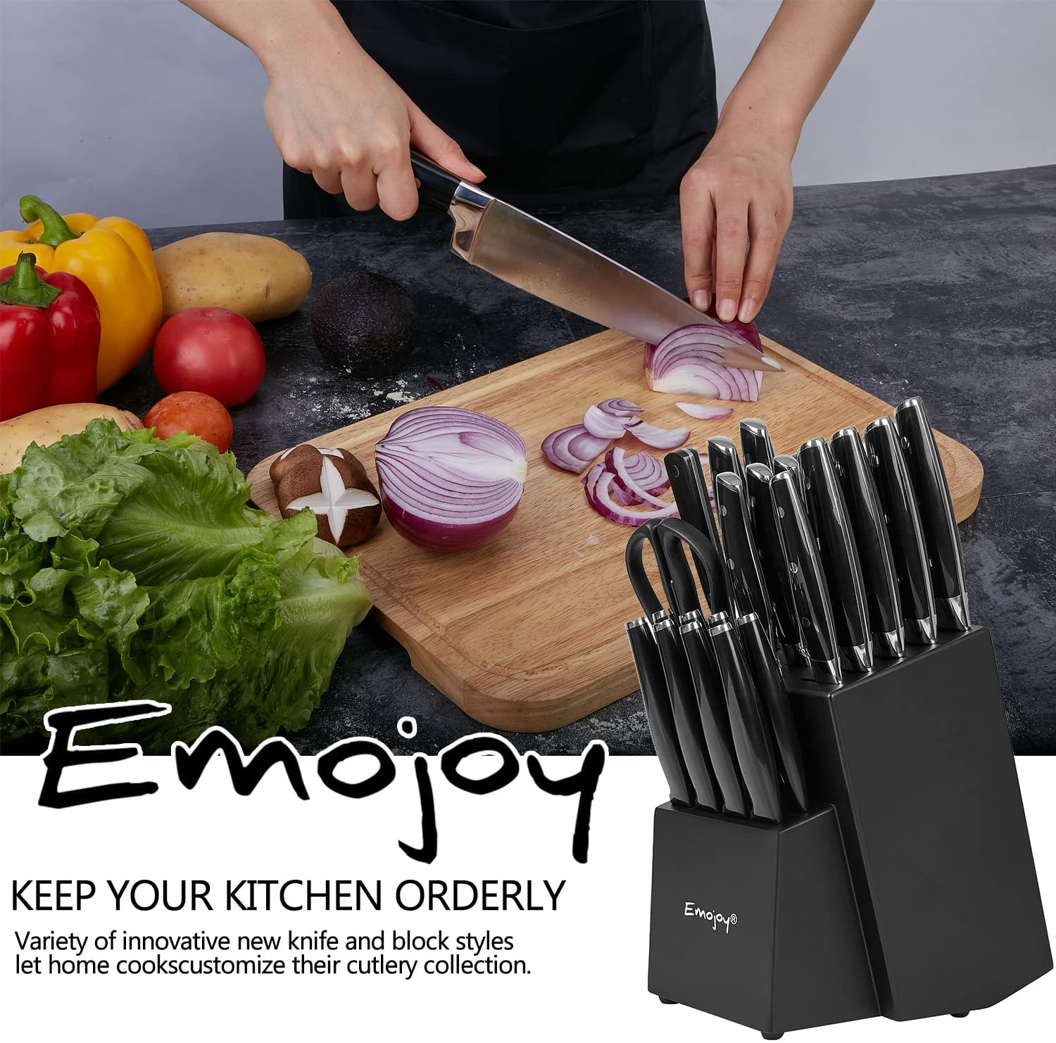 Knife Set with Block, 22 Pcs Kitchen Knife Set with Sharpener Black, German Stainless Steel Knives Set with Carving Fork Steak Knives, High Carbon Full Tang Knives Set