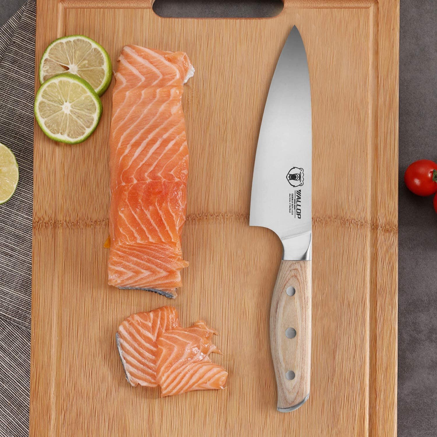 WALLOP Chef Knife - 6 Inch Small Kitchen Chef Knife, Razor Sharp Cooking Knife - German Stainless Steel Japanese Gyuto Knife - Full Tang Natural Pakkawood Handle with Gift Box