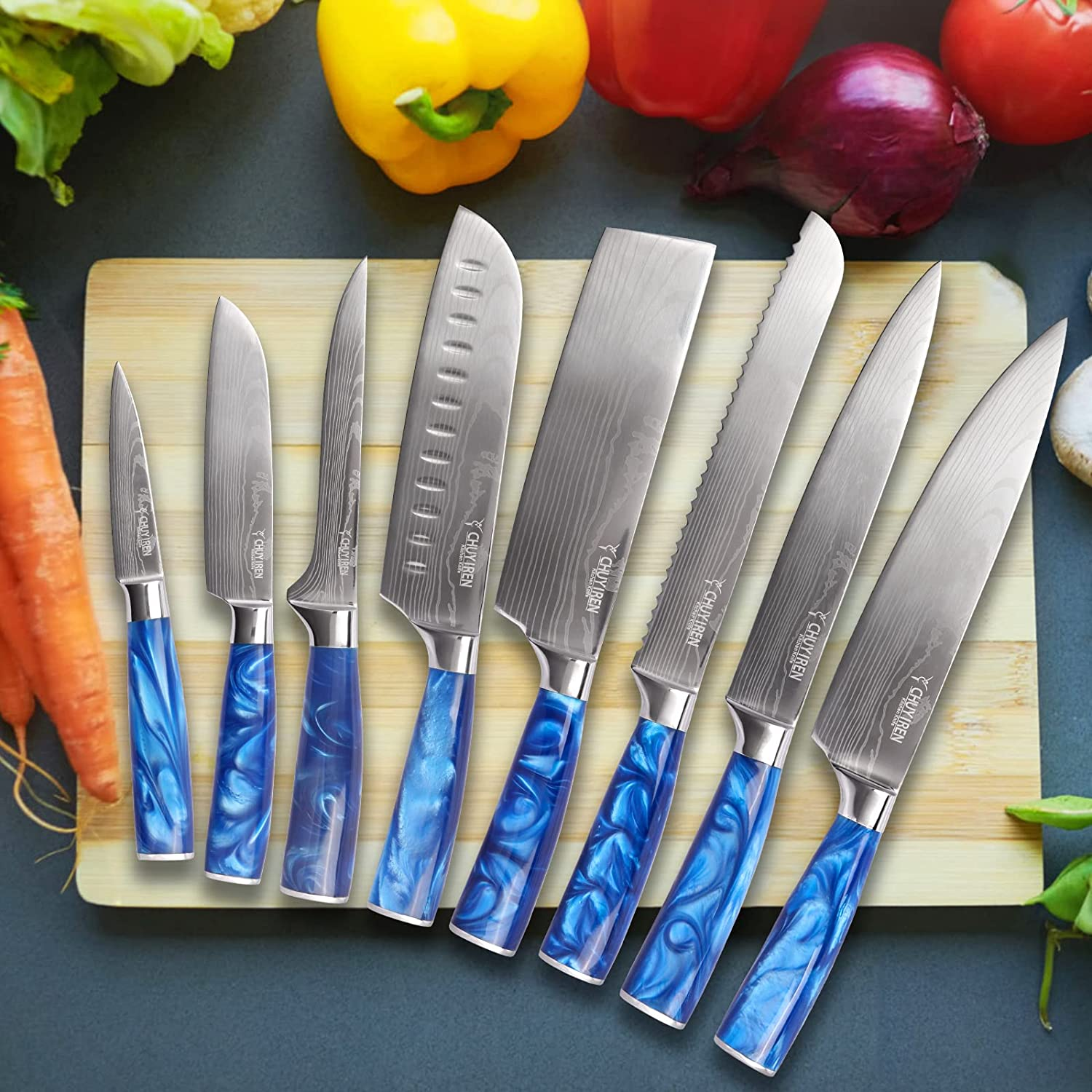 Kitchen Chef Knife Set 8 PCS, 3.5-8" 5Cr15Mov Stainless Steel High Carbon Boxed Knives with Ergonomic Handle, Professional Ultra Sharp Japanese Knives for Vegetable Fruit Meat Cutting, Business Gift
