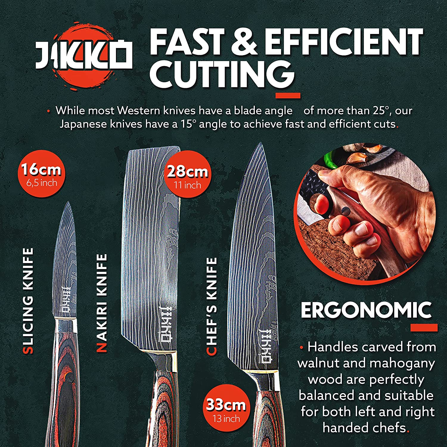 JIKKO New 67 Layers Carbon Steel Japanese Knife Set - Original Series - Kitchen Knife Set with Walnut and Mahogany Wood Handles - 6 Japanese Chef'S Knives with Exceptional Sharpness - HRC60 Approved