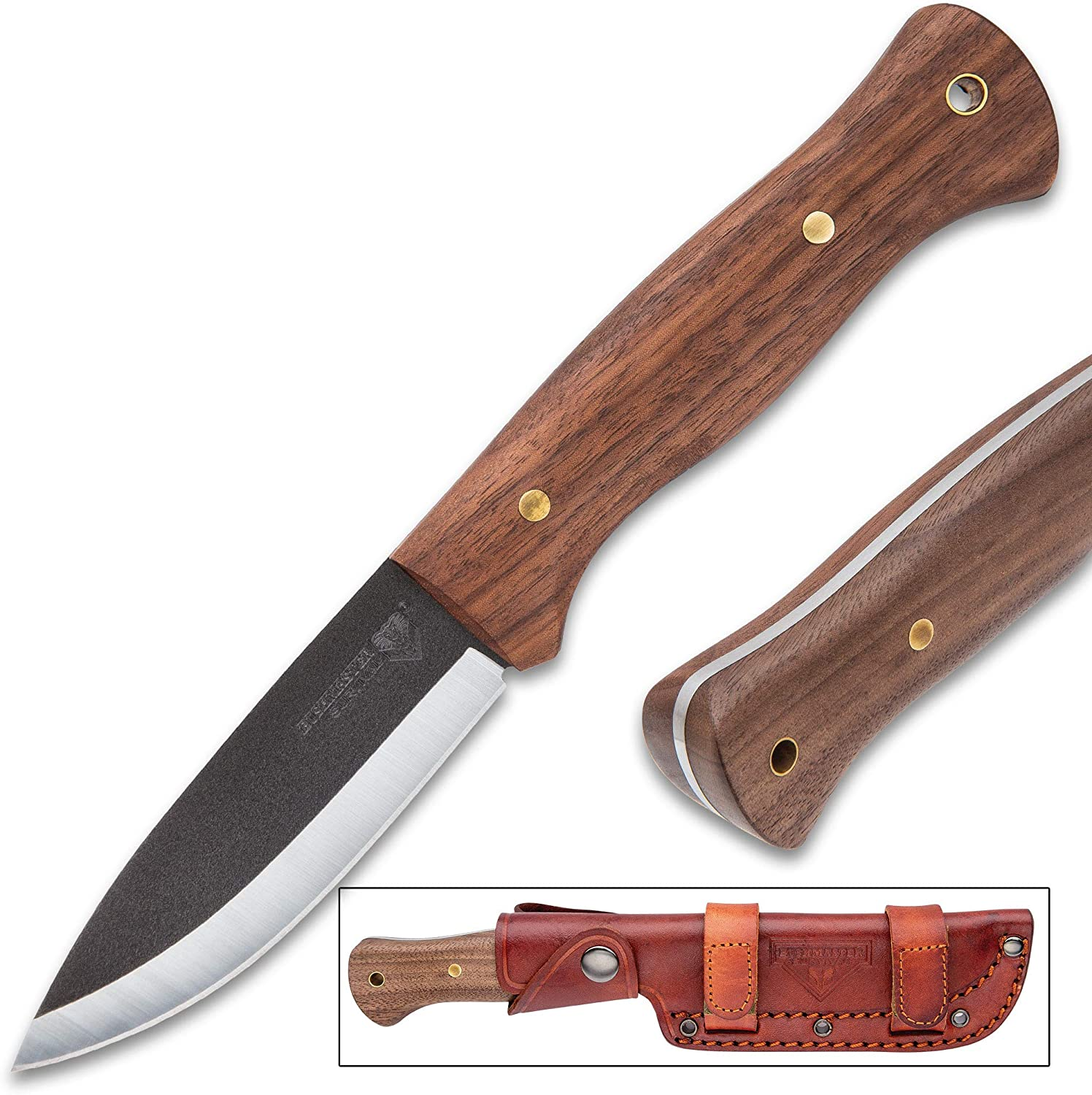 Bushmaster Bushcraft Explorer Fixed Blade Knife, 1095 Carbon Steel Blade, Zebra Wood Handle, Brass Pins and Lanyard Hole, Length 9 5/8 Inch