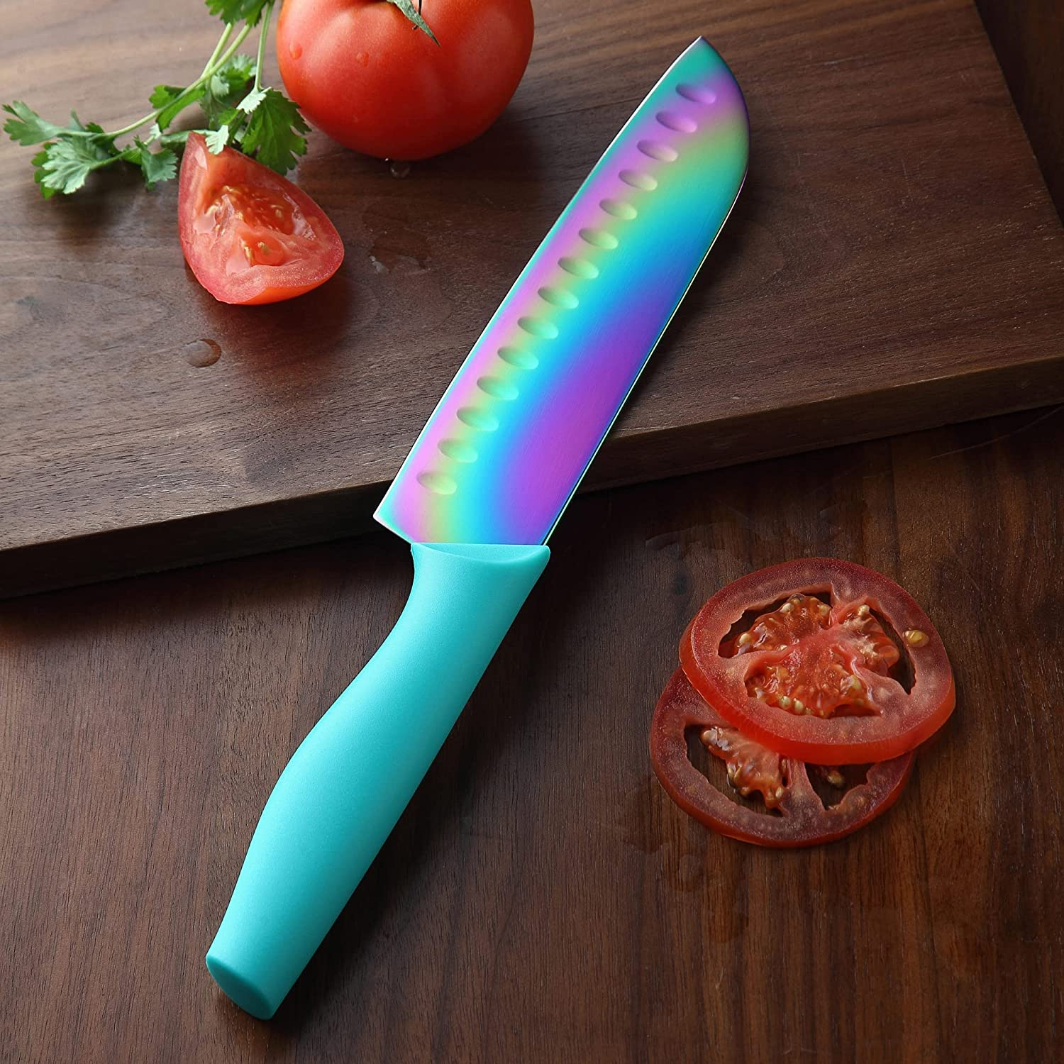 DISHWASHER SAFE KYA27 Rainbow Titanium Cutlery Knife Set, Marco Almond 14-Piece Kitchen Knives Block Sets, Teal