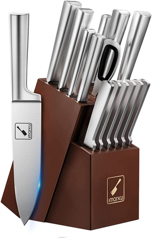 Image of Kitchen Knife Set - Imarku 15 Pieces German Stainless Steel Kitchen Knife Block Set with Sharpener - Dishwasher Safe Kitchen Knives - Ultra Sharp Chef Knife Set for Kitchen with Block - Silver
