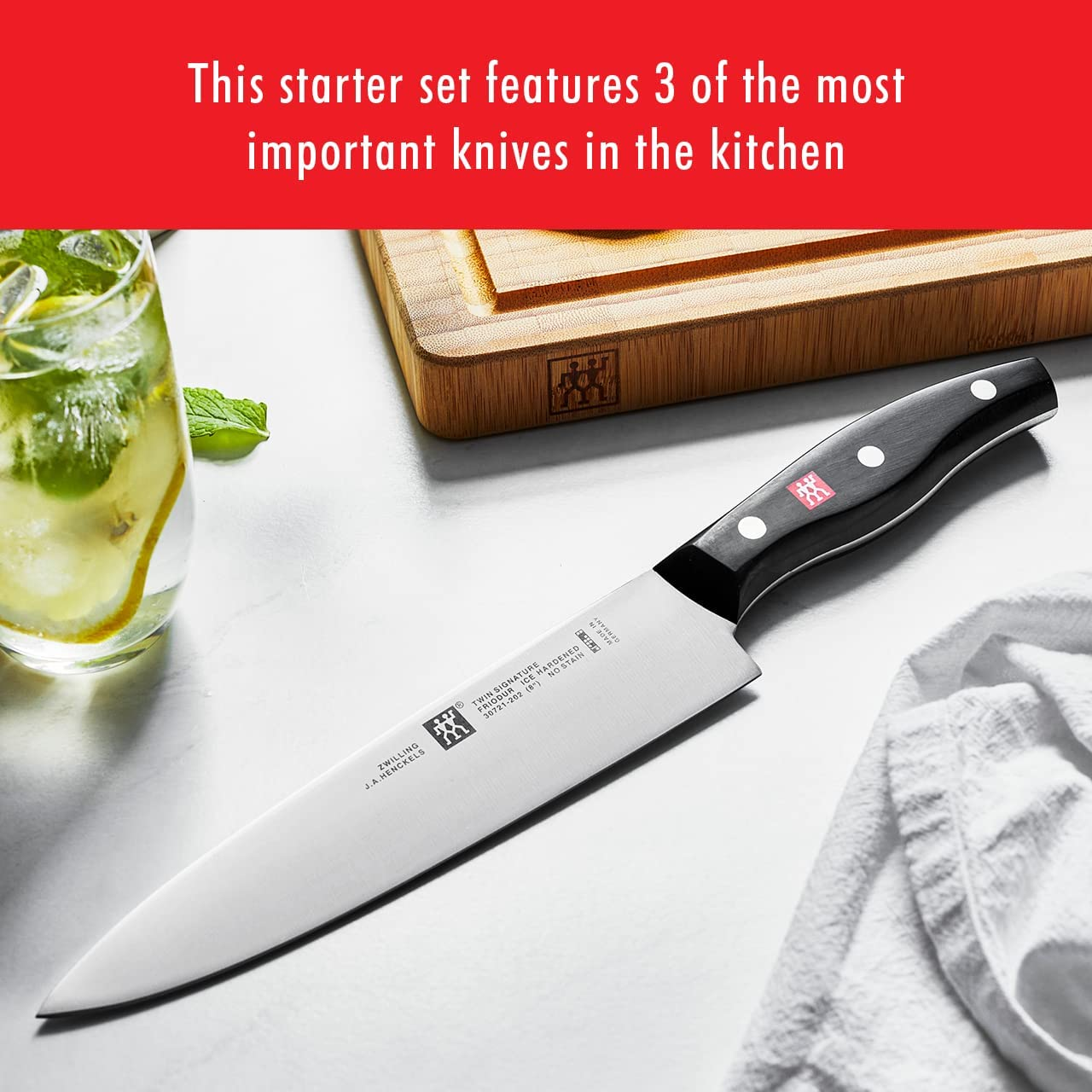 ZWILLING Twin Signature 3-Pc Kitchen Knife Set, Utility Knife, Paring Knife, Chef Knife, German Knife Set, Stainless Steel Knife Set, Black