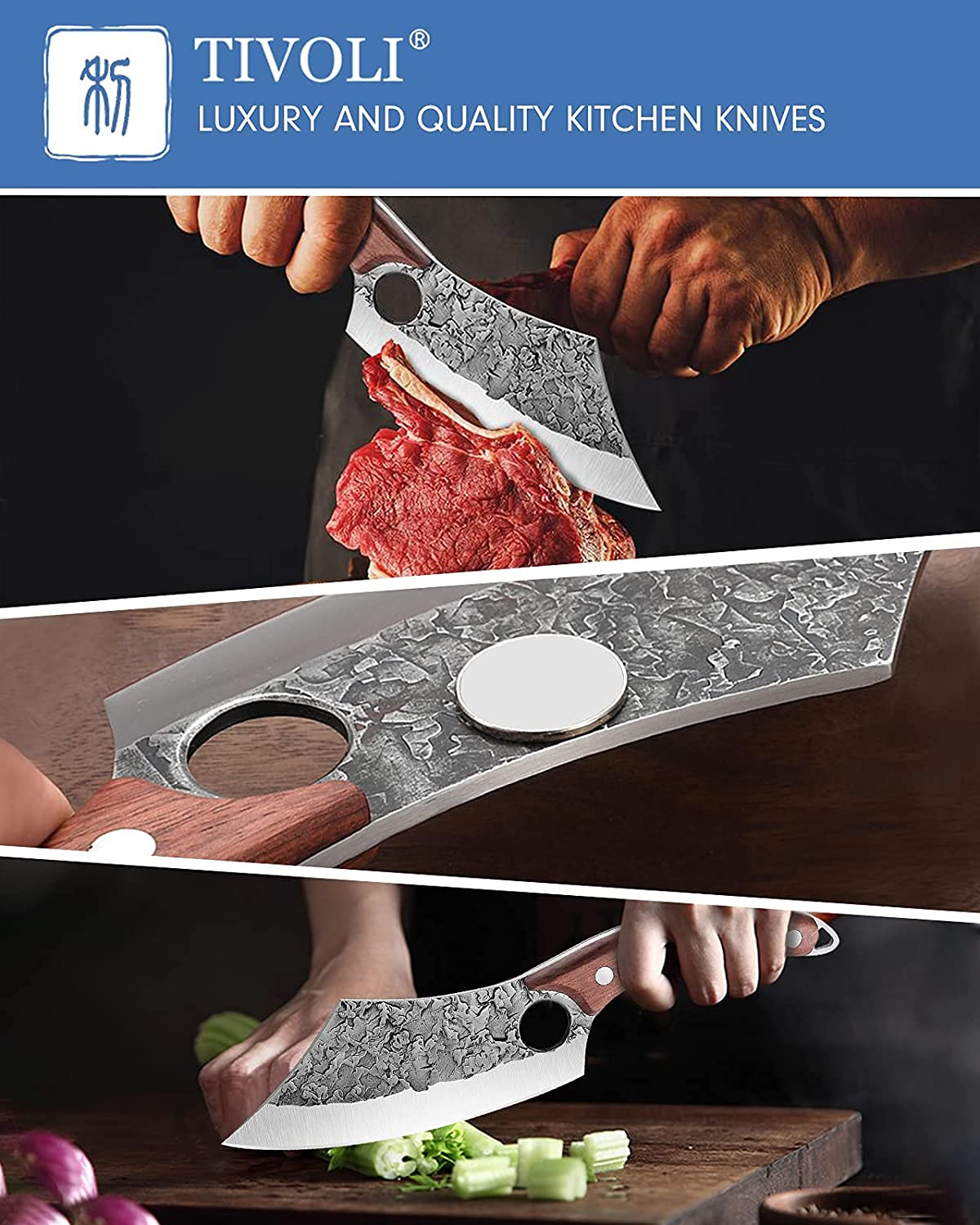 TIVOLI Meat Cleaver Knife Hand Forged Kitchen Knife Full Tang Boning Knife with Sheath Carbon Steel Chef Knife Butcher Knife for Home, Outdoor, Camping