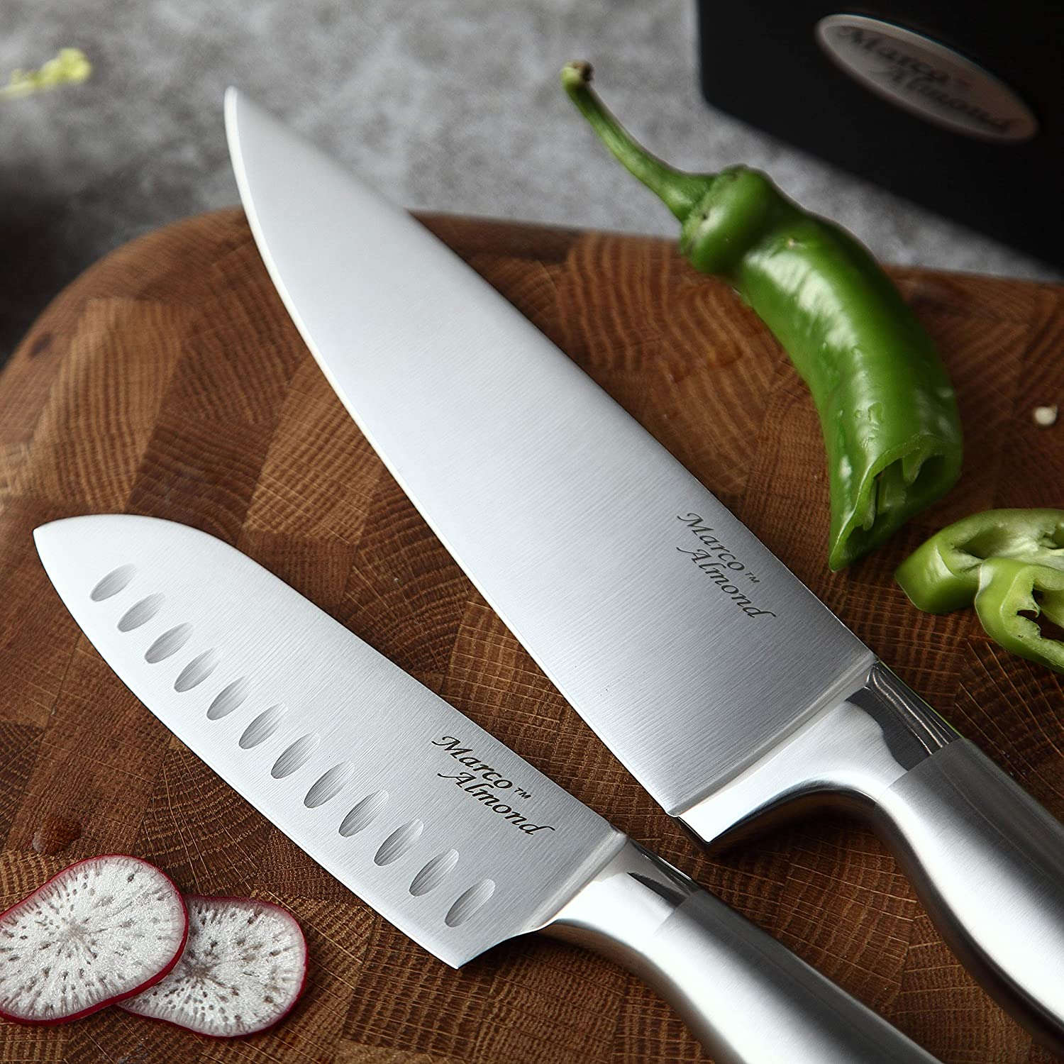 Marco Almond KYA28 Knife Sets, 14 Pieces Stainless Steel Cutlery Kitchen Knife Set with Block, Hollow Handle Self Sharpening Knife Block Set