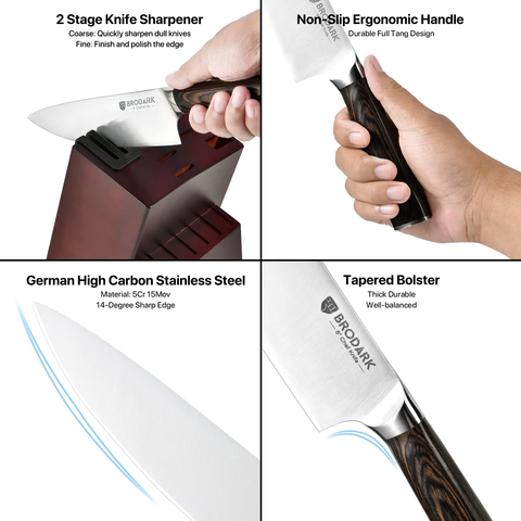 Image of BRODARK Kitchen Knife Set with Block, Ultra Sharp 15 PCS German Stainless Steel Professional Chef Knife Set with 2 Stage Knife Sharpener, Ergonomic Handle Full Tang Forged Gift with Premium Box