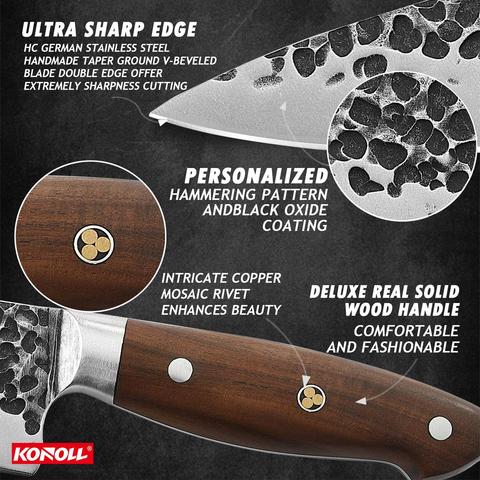 Image of KONOLL Santoku Knife Janpan Chefs Knife Cleaver 7-Inch Forged Handmade Professional Kitchen Knife, German High Carbon Steel with Wood Handle