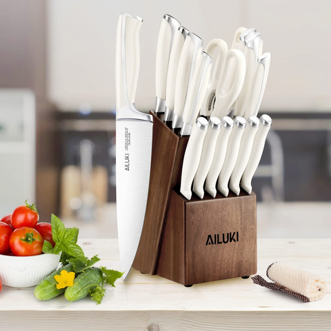 Image of Knife Set,18 Piece Kitchen Knife Set with Block Wooden and Sharpener, Professional High Carbon German Stainless Steel Chef Knife Set, Ultra Sharp Full Tang Forged White Knives Set