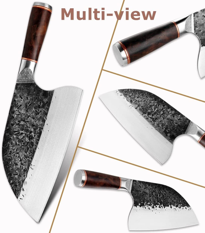 Image of Handmade Forged Serbian Meat Cleaver Knife with Sheath Chef'S Knvies Full Tang Butcher Knife Outdoor Meat Vegetable Cleaver for Family, BBQ or Camping (Silver)
