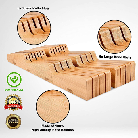 Image of In-Drawer Bamboo Knife Block - Holds 14 Knives plus a Slot for Your Knife Sharpener, Premium Knife Drawer Organizer, Perfect Knife Organizer Drawer Insert or Drawer Knife Holder (2" Tall, 17" Deep)