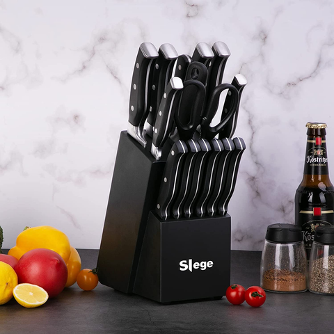 Image of Knife Set, 16-Piece Kitchen Knife Set with Block Wooden, Manual Sharpening for Black Chef Knife Set with Carving Fork, German Stainless Steel Knife Block Set by Slege