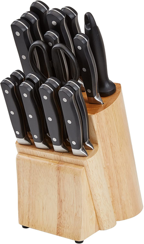 Image of Amazon Basics 18-Piece Premium Kitchen Knife Block Set, High-Carbon Stainless Steel Blades with Pine Wood Knife Block