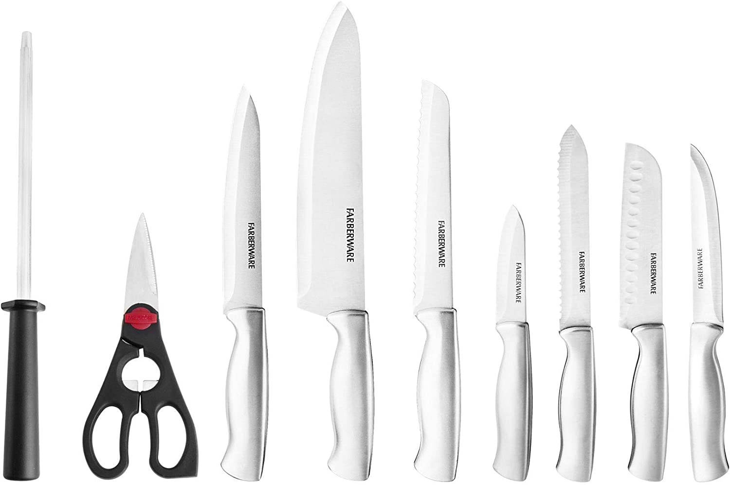 Farberware Stamped 15-Piece High-Carbon Stainless Steel Knife Block Set, Steak Knives, Black